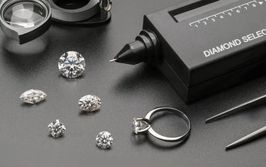 Electronic diamond selector pen placed near loose cut diamonds, a ring, loupe, and tweezers.