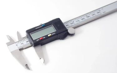 Stainless steel electronic digital vernier caliper on a white background.