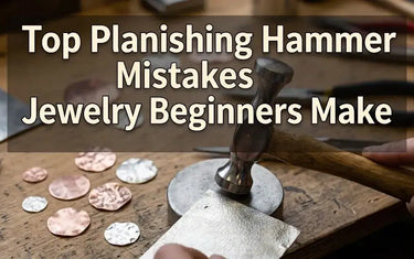 A jeweler using a planishing hammer on a metal sheet at a workbench surrounded by hammered metal discs.