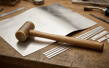 Rawhide mallet lying on a sheet of silver metal with strips and jewelry-making tools on a wooden workbench.