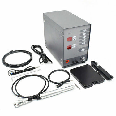 Complete 100A pulse argon spot welder kit with welding pen, ground clamp, argon hose, and stand.