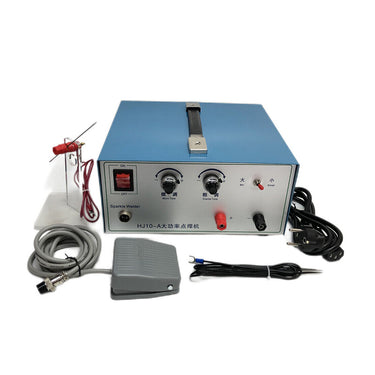 80A sparkle welder HJ10-A full kit shown with foot pedal, welding tweezers, tungsten stand, and power cord.