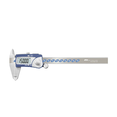 Front view of A&D digital caliper AD-5764A-150 with large LCD display showing 150.00 mm.