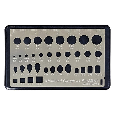 Alfa Mirage AMC diamond gauge card with millimeter and carat scales on a black background.
