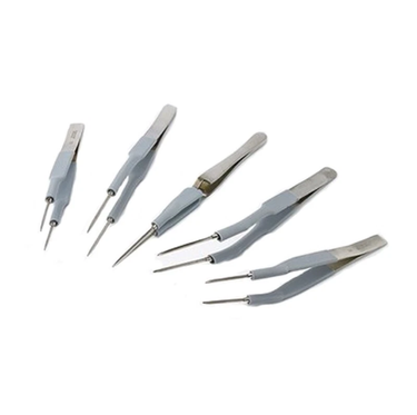 Five-piece set of Alfa Mirage BISO high-temperature soldering tweezers with heat-insulated grip handles.