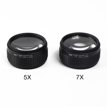 Side-by-side comparison of Alfa Mirage Hand GR Loupes in 5x (No. 3005) and 7x (No. 3007) magnification.