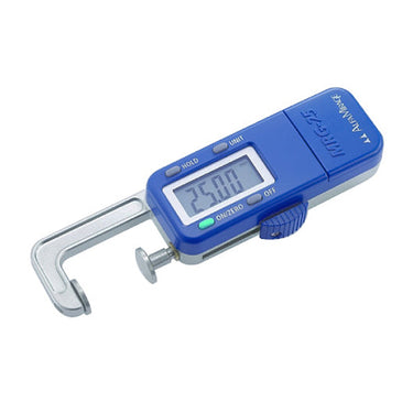 Isometric view of Alfa Mirage MRG-25 digital gauge with blue housing and LCD display.