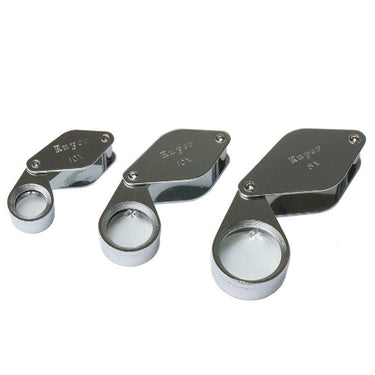 Three Alfa Mirage Ruper Series pocket loupes in different sizes and magnification strengths.