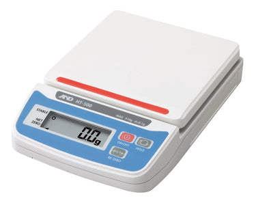 Isometric perspective view of the white and blue A&D HT-500 compact digital scale showing an empty weighing platform.