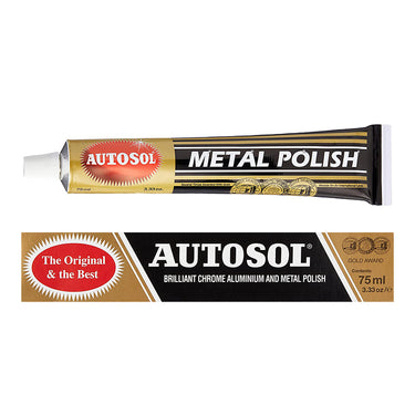 Front view of Autosol Metal Polish tube and retail packaging box.