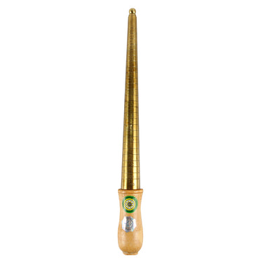 Brass ring stick with a wooden handle showing the US 0-13 size measurement scale from a diagonal view.