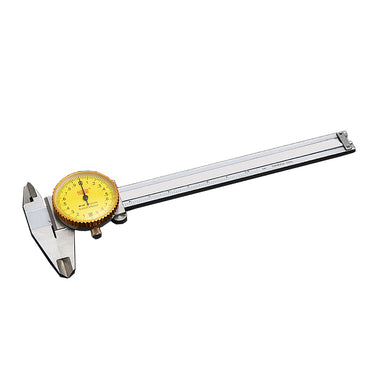 A closed high-precision carbon steel dial caliper with a prominent yellow measurement face.