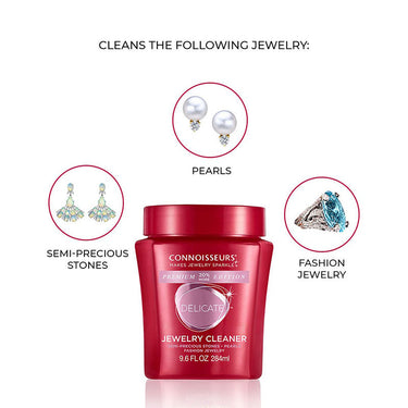 Infographic showing the Delicate Jewelry Cleaner is safe for pearls, emeralds, and emerald-cut stones.