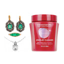 Connoisseurs Delicate Jewelry Cleaner shown with a pearl necklace and green turquoise stone jewelry.
