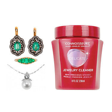 Connoisseurs Delicate Jewelry Cleaner shown with a pearl necklace and green turquoise stone jewelry.