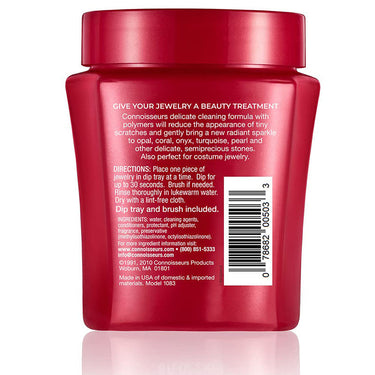 Back of Connoisseurs Delicate Cleaner showing its gentle, non-ammonia formula for semi-precious gems.