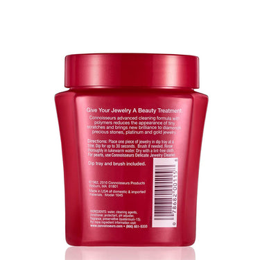 Back of Connoisseurs Fine Jewelry Cleaner jar showing 30-second soak directions and polymer formula details.