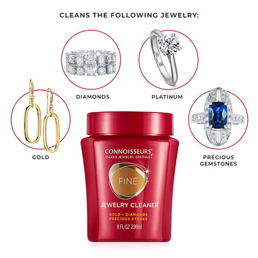 Infographic showing Connoisseurs Fine Jewelry Cleaner is suitable for gold, platinum, diamonds, and gemstones.