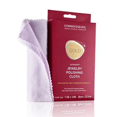 Connoisseurs Gold Jewelry Polishing Cloth with its dark red retail packaging.