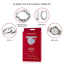 Infographic showing Connoisseurs Silver Polishing Cloth is suitable for rings, earrings, watches, and necklaces.