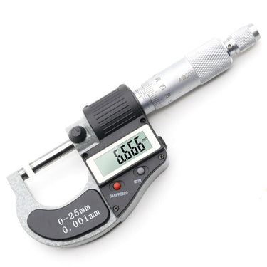 Front view of an electronic digital micrometer measuring 0-25mm with a clear LCD display.