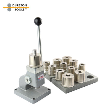 Durston bangle stretcher machine with complete die set on storage base for jewelry sizing.