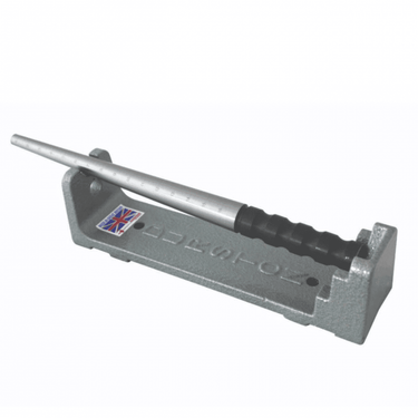 A heavy-duty Durston cast iron mandrel holder supporting a graded silver steel ring mandrel.