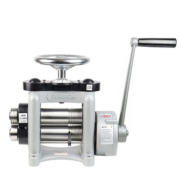 Front straight view of Durston DRM C150RE manual gear reduced jewelry rolling mill with hand crank