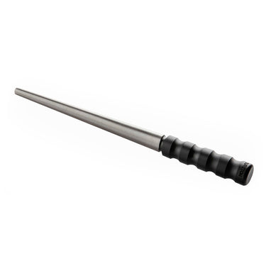Diagonal view of Durston hardened oval ring mandrel with black grooved rubber handle on the right.