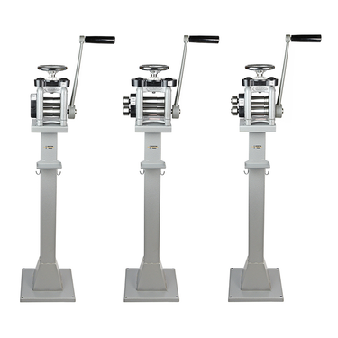 Three Durston micro pedestal stands shown fitted with different manual rolling mills.