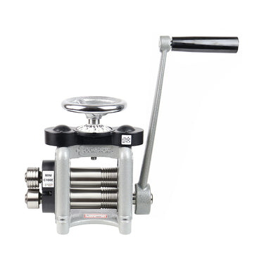 Front straight view of Durston Mini C100E manual jewelry rolling mill with hand crank and top adjustment wheel