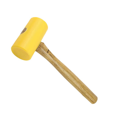 A Durston yellow polyurethane non-marring mallet with its wooden handle angled downward to the right.
