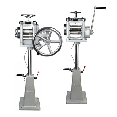 Two Durston professional stands shown supporting different mounted manual rolling mills side by side.