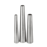 A set of three polished metal round tapered bracelet mandrels of varying lengths and diameters standing vertically.