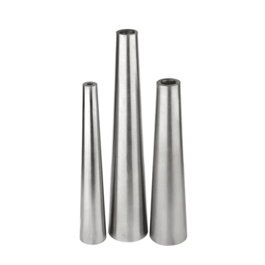 A set of three polished metal round tapered bracelet mandrels of varying lengths and diameters standing vertically.
