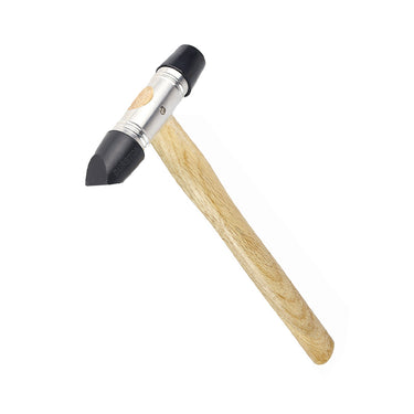 Durston rubber hammer with stainless steel core and hardwood handle shown from top angle.
