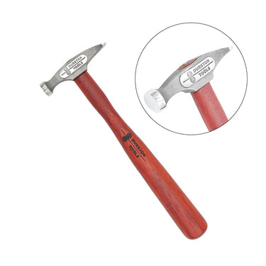 A Durston goldsmith hammer with a red wood handle alongside a circular inset magnifying the polished cross-peen head.