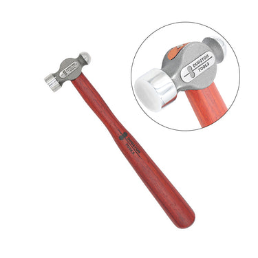 A Durston ball-peen jobber hammer with a polished hardwood handle alongside a circular magnified view of the head.