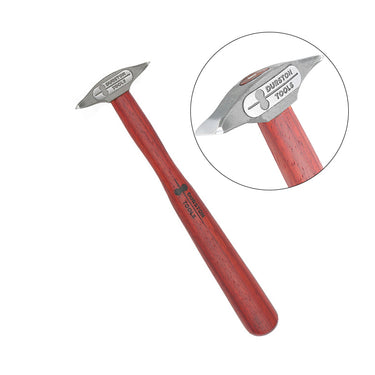 A Durston shaping hammer with a red hardwood handle and a circular inset magnifying its specialized cross-peen head.