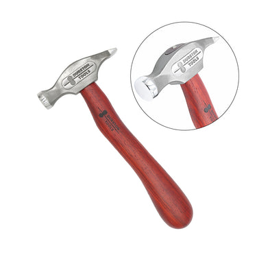 A Durston sledge hammer with an ergonomic red wood handle and a circular inset magnifying its unique polished steel head.