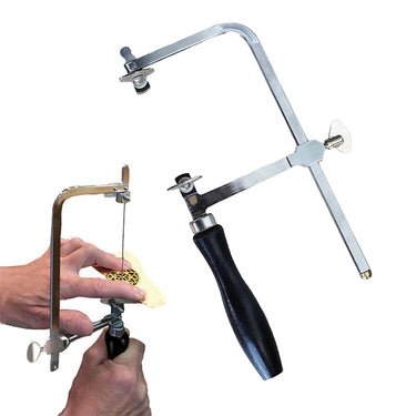 Economic adjustable jeweler saw frame with black wooden handle shown alongside cutting demonstration.