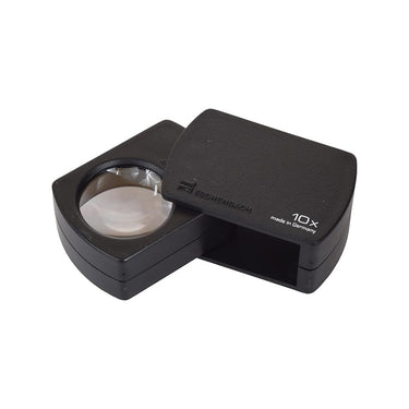 Eschenbach 10x folding magnifier partially opened showing the lens and black plastic case.