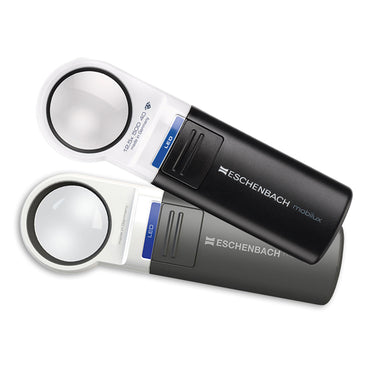 Comparison of Eschenbach Mobilux LED magnifiers in different magnification strengths and finishes.
