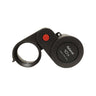 Open Eschenbach 10X plastic folding magnifier displaying the Aplanat lens and red hinge detail.