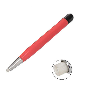 Red fiberglass scratch brush pen with a retractable white fiber tip and black twist cap.
