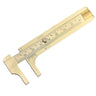 Overhead view of a fine brass vernier caliper tool with its measuring jaws extended to display metric increments.