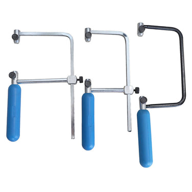 Trio of Swiss style fine jeweler saw frames with ergonomic blue handles in fixed and adjustable models.
