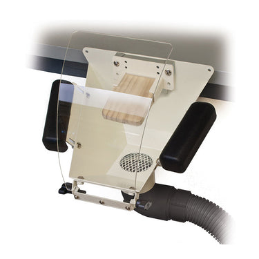 Foredom fishmouth dust collector hood with wooden bench pin and shield mounted to work bench.