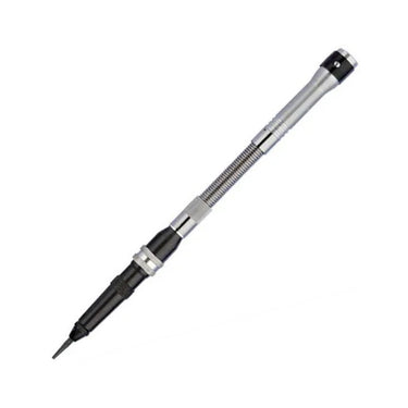 Angled studio view of the silver and black Foredom H.15D duplex hammer handpiece showcasing the flexible coiled spring extension.