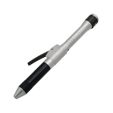 Angled studio view of the silver and black Foredom H.18 quick change rotary handpiece featuring a press lever mechanism.